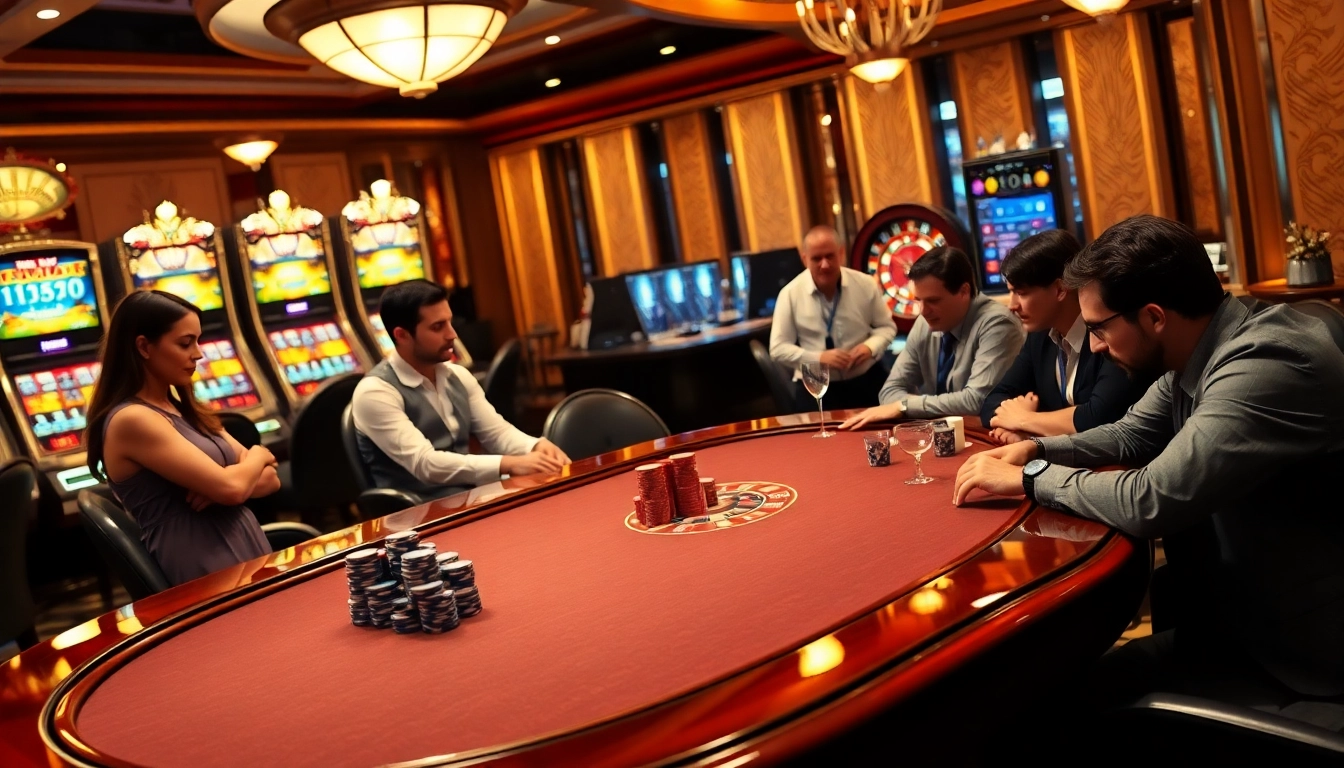 Players strategizing at a luxurious poker table in a vibrant casino, capturing the thrill of gambling with https://n188hv.com/.