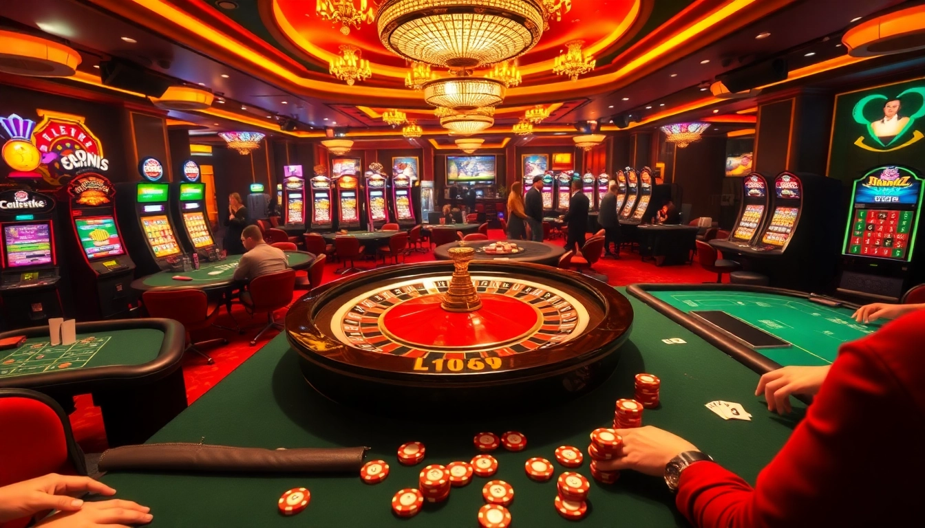 Experience the thrill of trang chủ fly88 at a vibrant casino, featuring poker tables, roulette, and lively gamblers.
