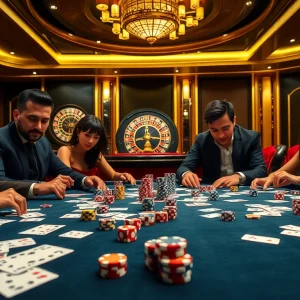 Players enjoy intense poker gameplay at nhà cái dh88, surrounded by luxury casino elements and vibrant chips.