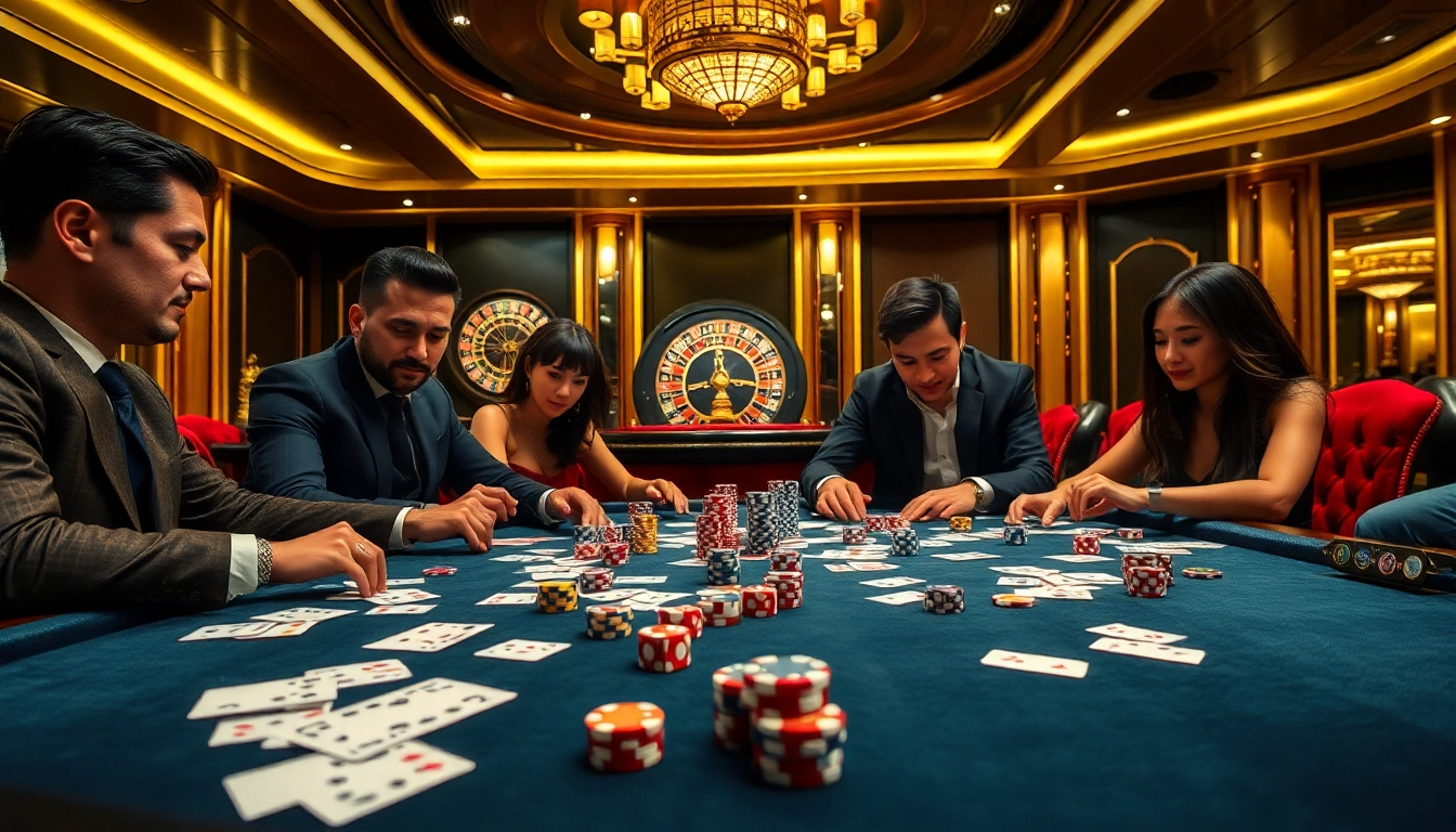 Players enjoy intense poker gameplay at nhà cái dh88, surrounded by luxury casino elements and vibrant chips.
