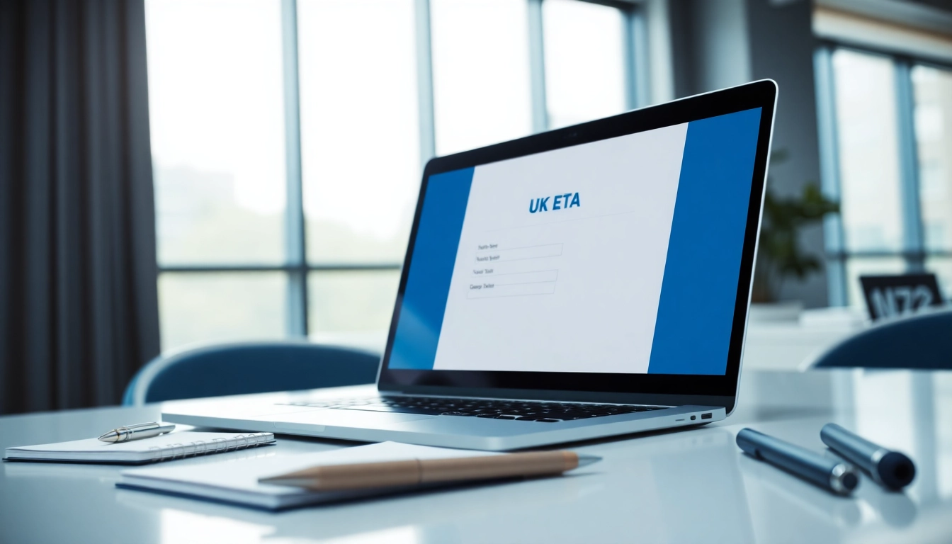 Streamlined uk eta online application process displayed on a laptop in a modern office setting.