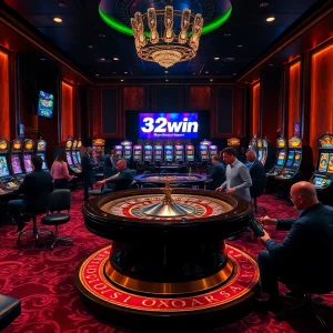 Experience the thrill of 32win with players engaged at a busy casino table.