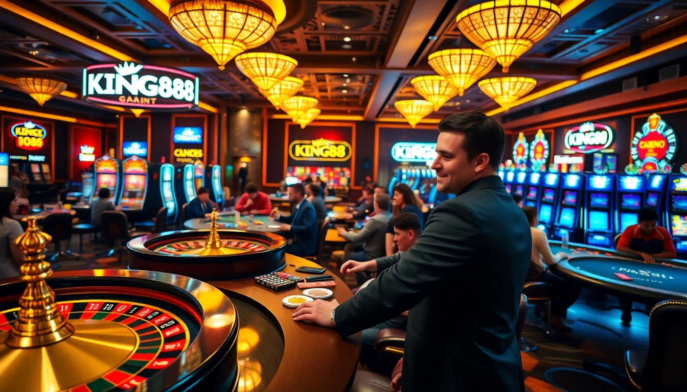 KING88 casino atmosphere with vibrant tables, enthusiastic players, and luxurious casino elements.