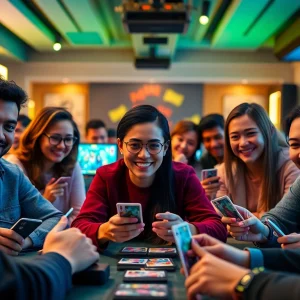 Exciting gaming community scene at gamebaidoithuong.trading featuring diverse players engaged in card games.