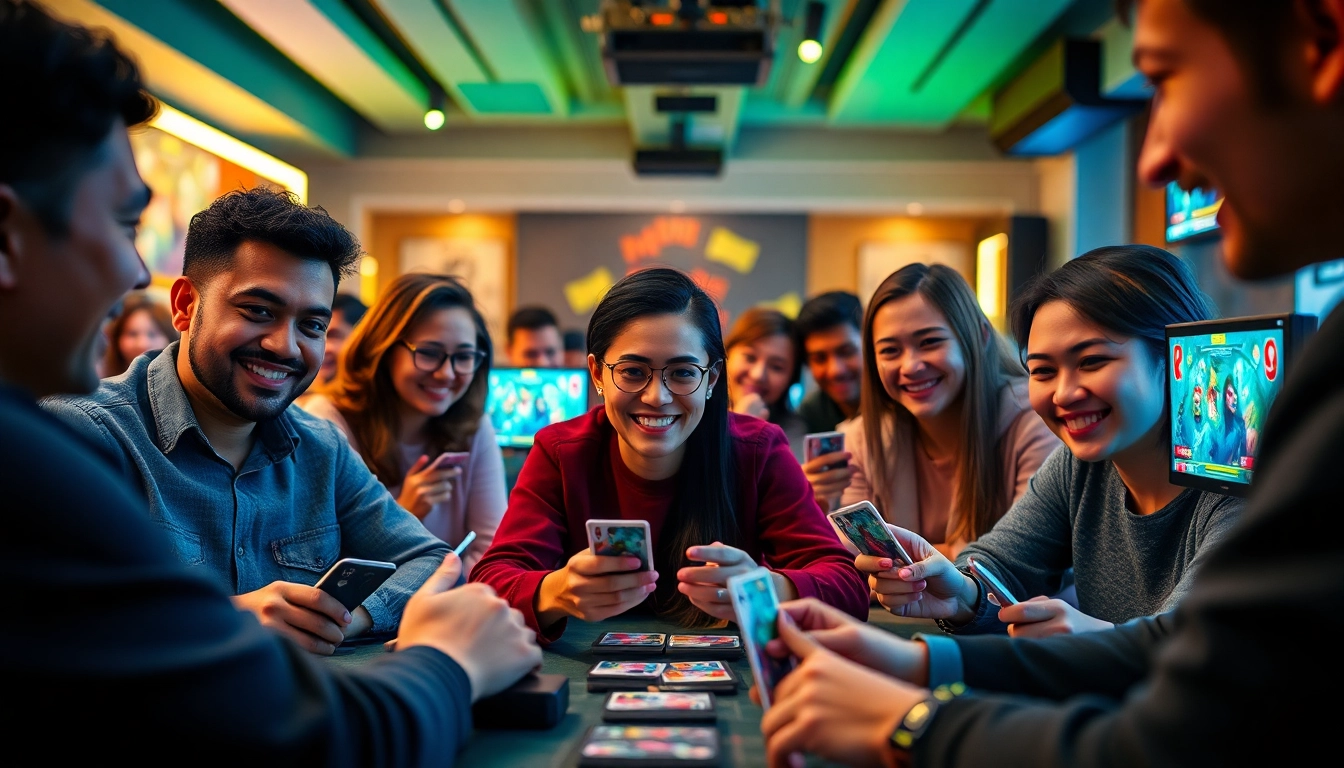 Exciting gaming community scene at gamebaidoithuong.trading featuring diverse players engaged in card games.