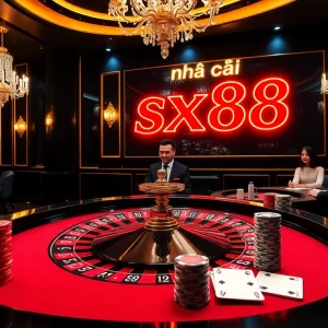 Experience the excitement of nhà cái sx88 with a vibrant roulette table featuring colorful chips and cards.