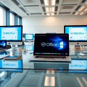 在现代办公环境中展示 WPS Office，配备数字设备与高效工作区。