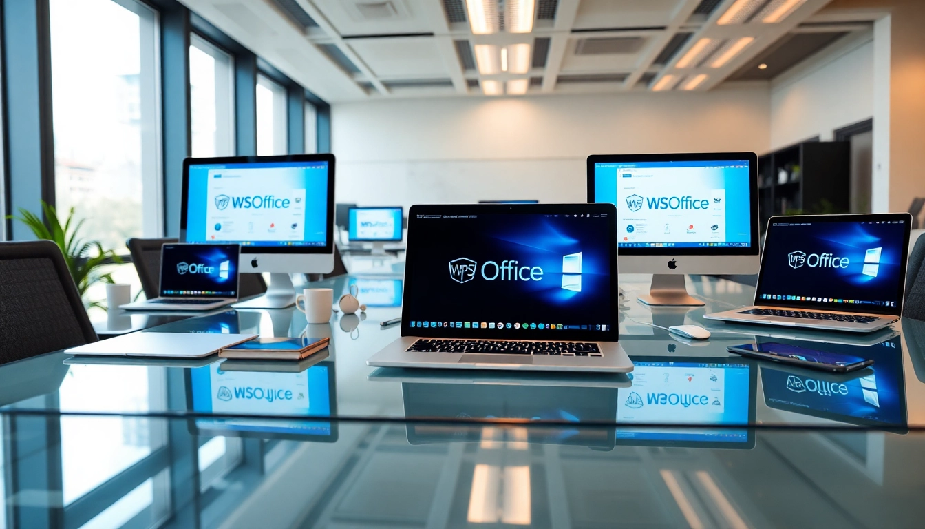 在现代办公环境中展示 WPS Office，配备数字设备与高效工作区。