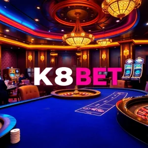 Experience high-stakes gaming at K8BET's luxurious casino with vibrant tables and engaging gameplay.