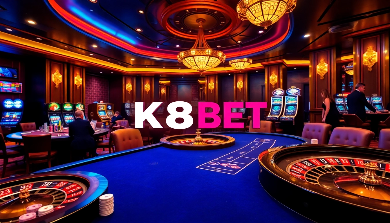 Experience high-stakes gaming at K8BET's luxurious casino with vibrant tables and engaging gameplay.