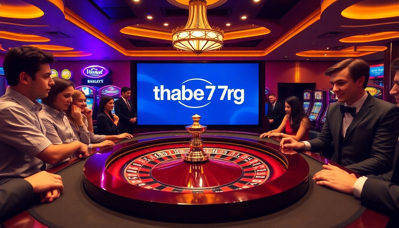 Players enjoying exciting games at a thabet77org casino table with vibrant chips and roulette wheel.