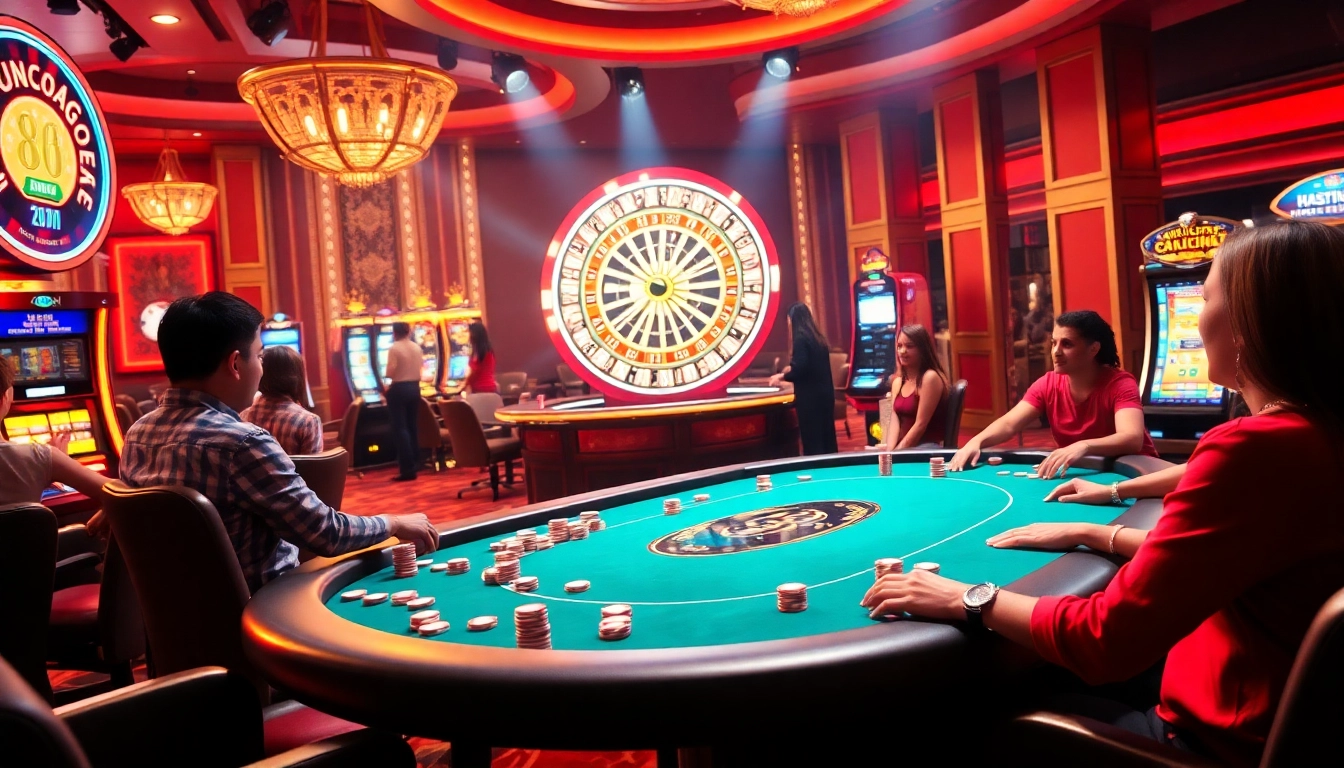 Experience the excitement of gambling at 88i com with a vibrant casino scene showcasing poker, roulette, and slots.