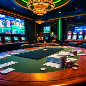 A thrilling scene of ok9 thể thao betting with a lively sports table and vibrant screens.