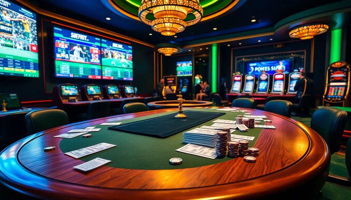 A thrilling scene of ok9 thể thao betting with a lively sports table and vibrant screens.