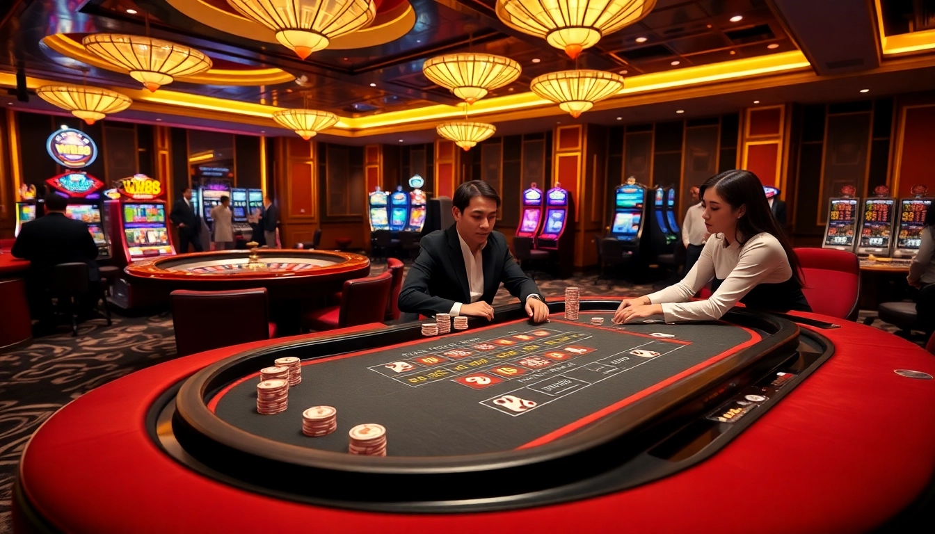 Experience thrilling Baccarat gameplay at WW88's luxurious casino, featuring vibrant slot machines and roulette.