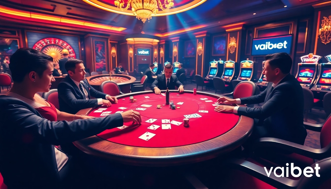 Players enjoying intense poker action at a vaobet casino table with vibrant chips and cards.