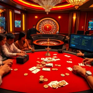 KJC poker table scene showcasing intense gameplay with vibrant chips and cards.