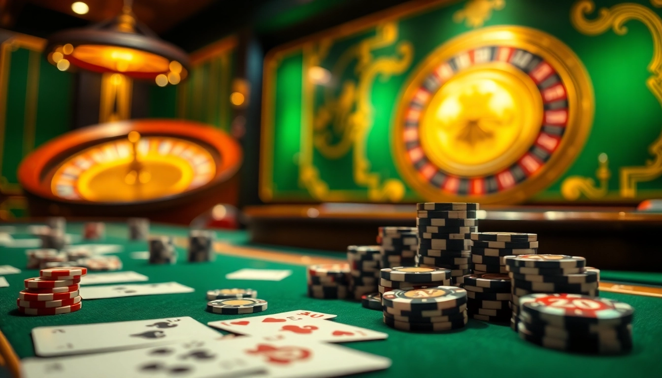 Experience the excitement of gambling at nhà cái win678 with an elegant casino scene featuring poker and roulette.