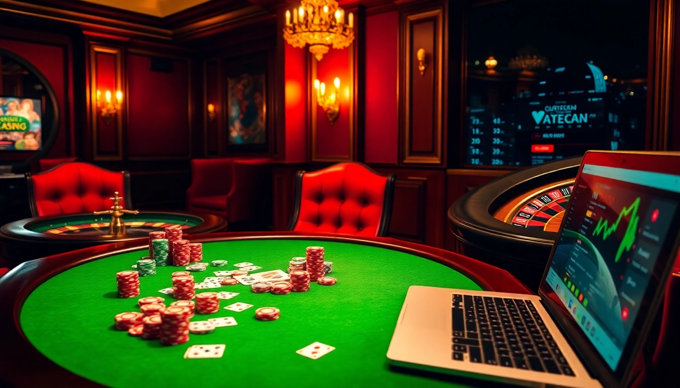 Experience the thrill of nhà cái 888new with a luxury casino setting showcasing poker tables and vibrant gaming elements.