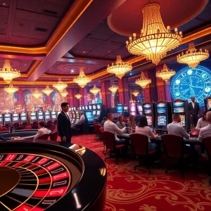 A thrilling gaming floor at luckywins casino featuring vibrant slot machines, a bustling roulette wheel, and engaged poker players.