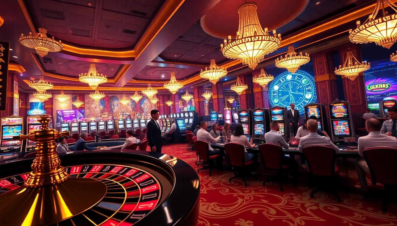 A thrilling gaming floor at luckywins casino featuring vibrant slot machines, a bustling roulette wheel, and engaged poker players.