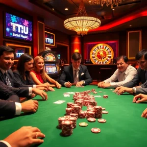 TPJ enhances casino excitement at a high-stakes poker table surrounded by eager players.