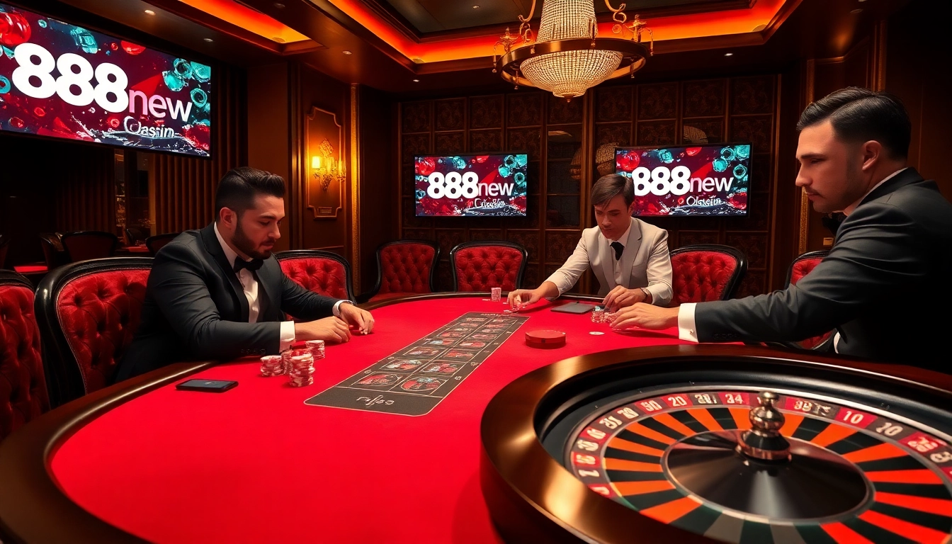 Experience the excitement of casino gaming at nhà cái 888new with vibrant poker tables and a thrilling roulette wheel.