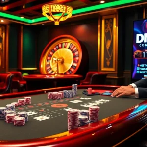 Experience exciting gameplay at DN88 casino with vibrant tables, poker chips, and a spinning roulette wheel.