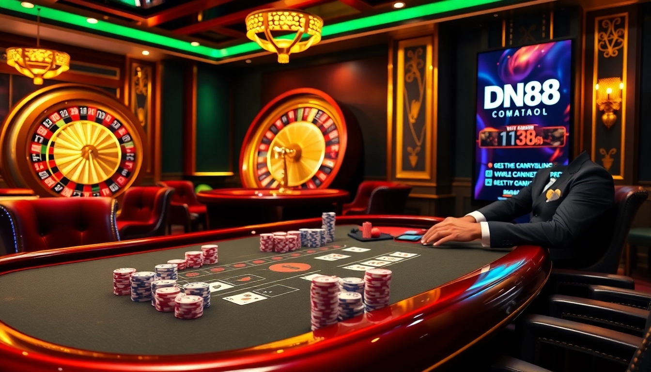 Experience exciting gameplay at DN88 casino with vibrant tables, poker chips, and a spinning roulette wheel.