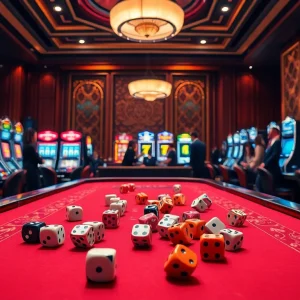 A thrilling scene of tài xỉu md5 being played at a luxurious casino table, with vibrant dice and eager players.