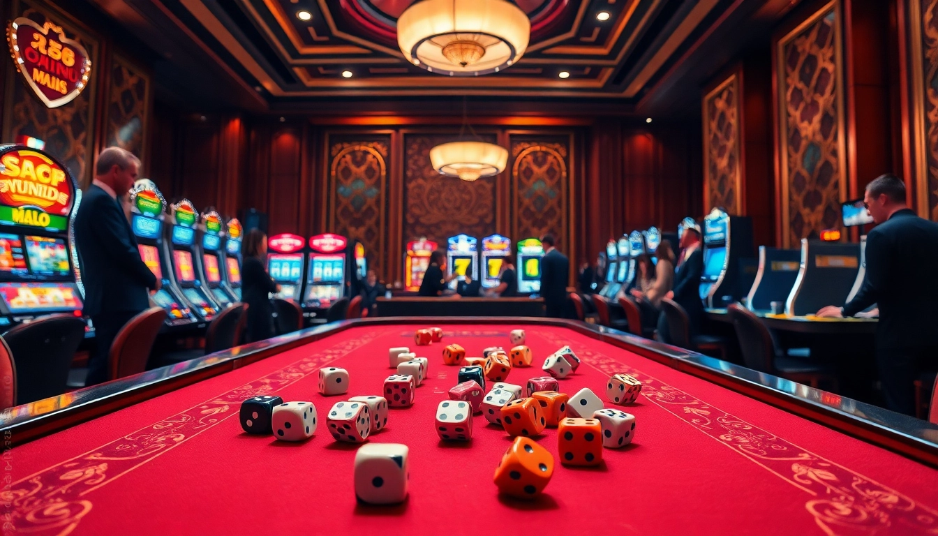 A thrilling scene of tài xỉu md5 being played at a luxurious casino table, with vibrant dice and eager players.