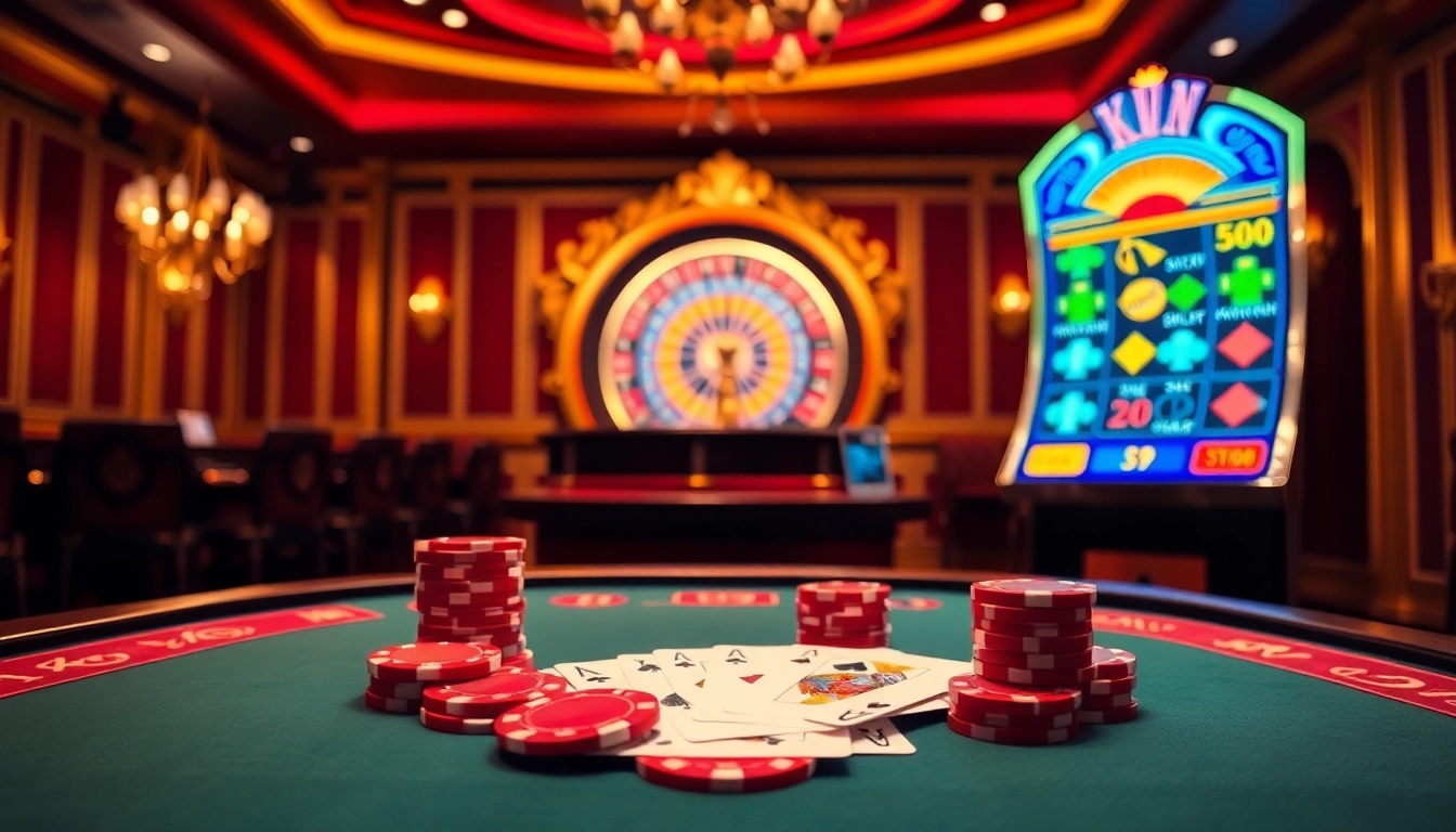 Engaged players enjoying a thrilling KUWIN casino experience with vibrant roulette and poker elements.