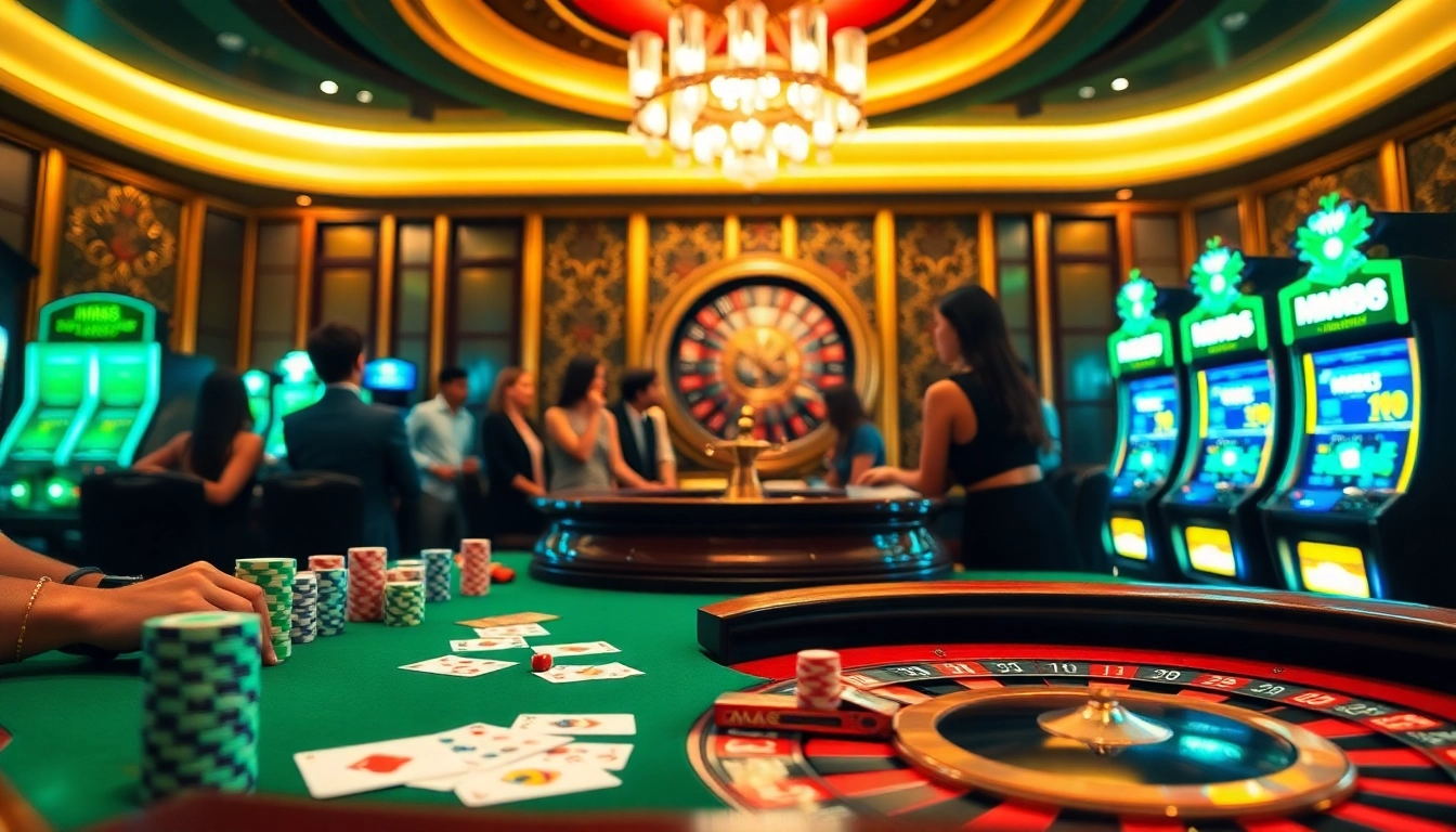Experience the MM88 gaming excitement with vibrant casino tables, poker chips, and a roulette wheel in view.