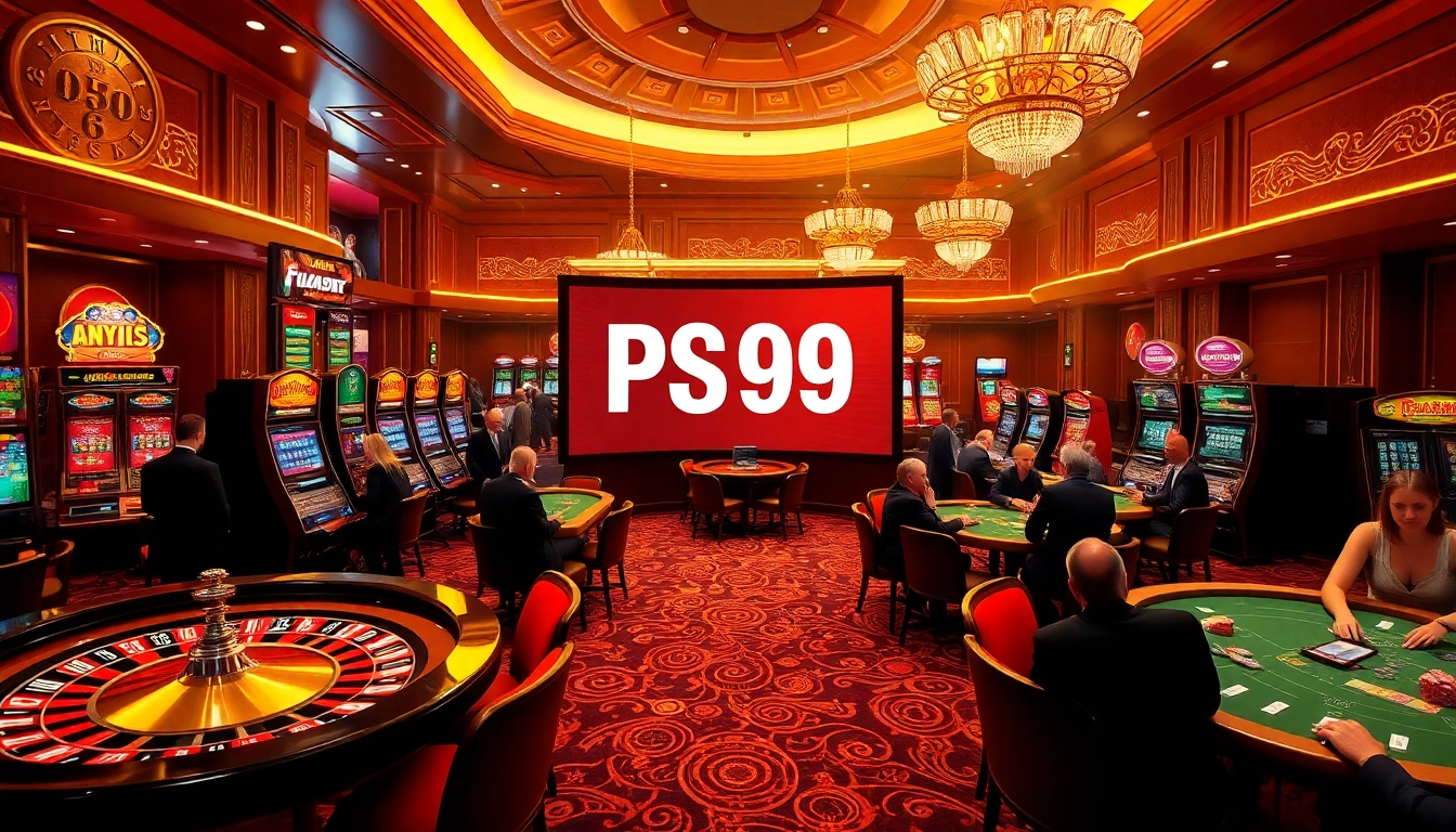 Experience the thrill of PS99 at a luxury casino filled with vibrant slot machines and poker tables.