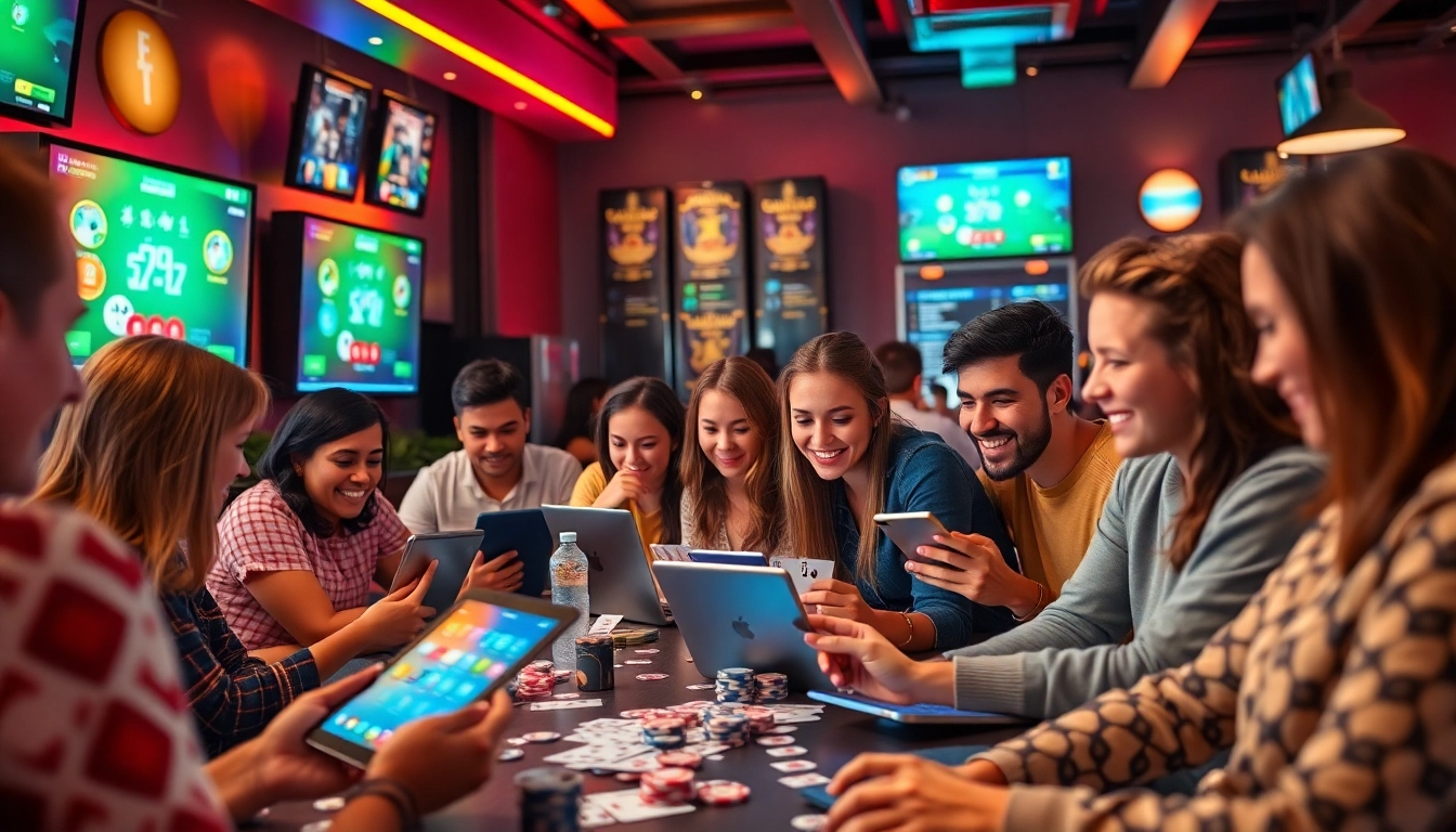 Engaging community scene at topgamebaidoithuong.mx showcasing diverse gamers enjoying online card games with vibrant lighting.