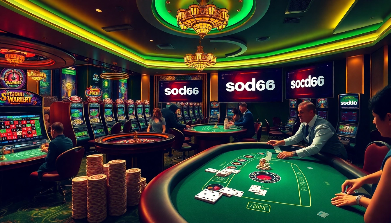 Sodo66 engaged players strategizing at a vibrant casino table filled with poker chips and cards.