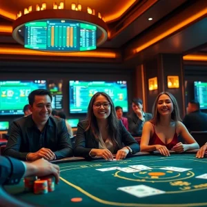 Enthusiastic players engaging in BJ88 Thomo gambling experience with vibrant casino elements.