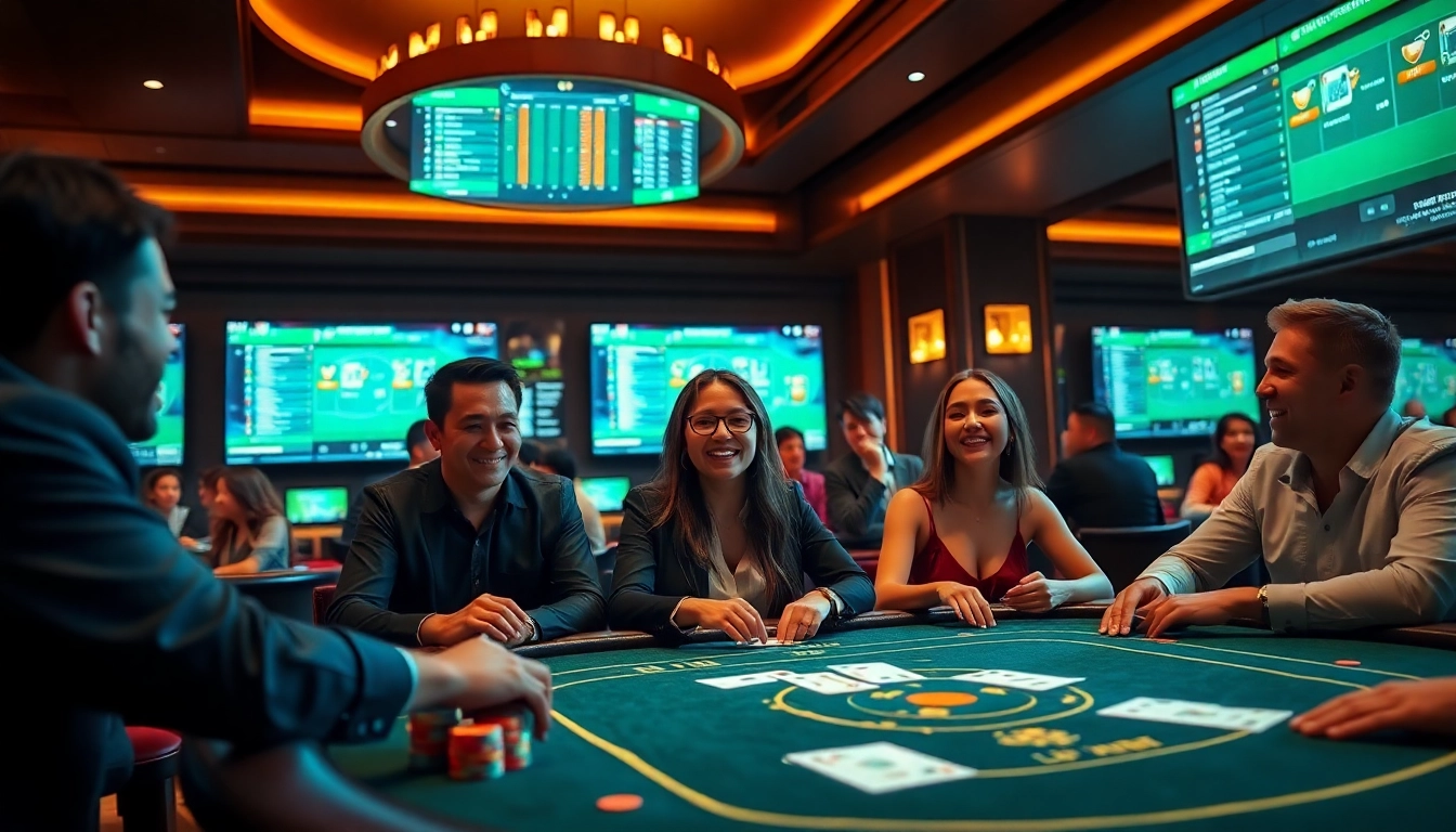 Enthusiastic players engaging in BJ88 Thomo gambling experience with vibrant casino elements.