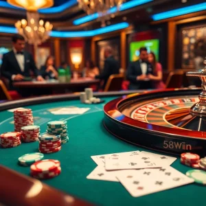 Players at a polished poker table and roulette wheel, capturing the thrill of 58win gambling.