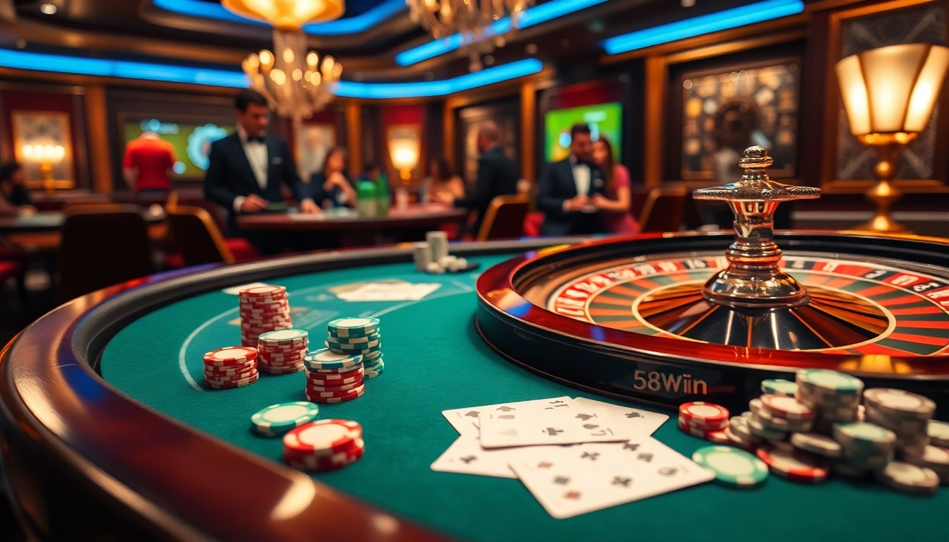 Players at a polished poker table and roulette wheel, capturing the thrill of 58win gambling.