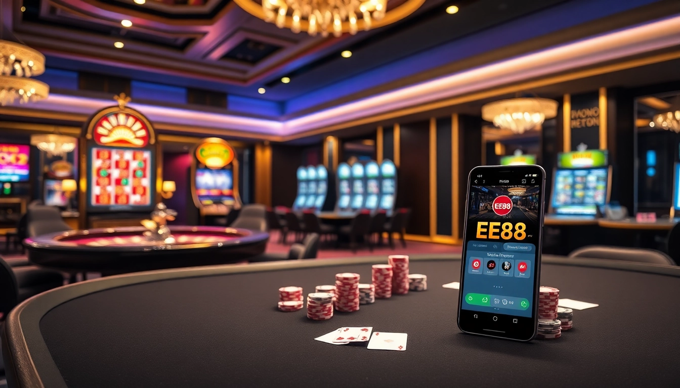 Experience excitement at EE88 with luxury casino tables, vibrant slot machines, and poker chips.