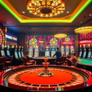 Experience a thrilling night at DN88 casino with vibrant slot machines and poker tables.