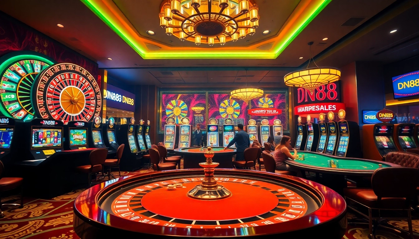 Experience a thrilling night at DN88 casino with vibrant slot machines and poker tables.