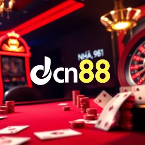 Casino excitement with players enjoying games at nhà cái dn88, featuring tables, cards, and vibrant lights.