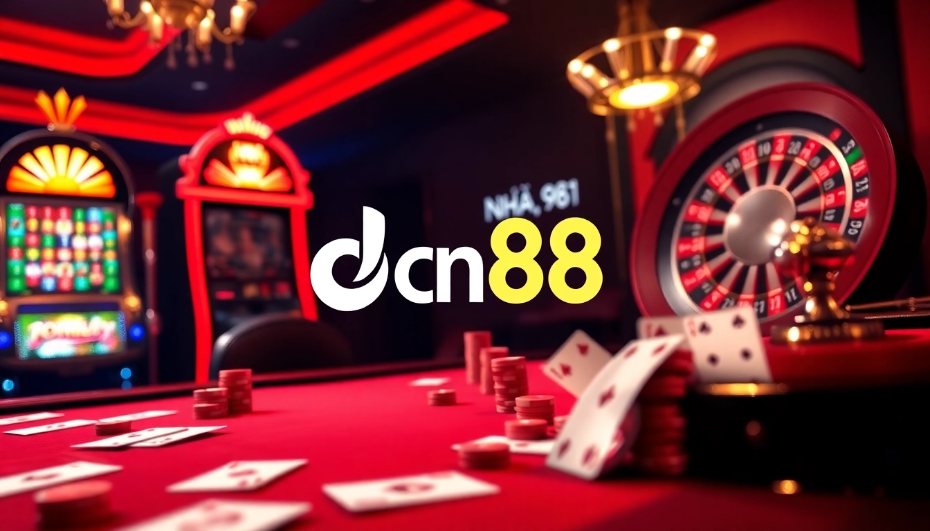 Casino excitement with players enjoying games at nhà cái dn88, featuring tables, cards, and vibrant lights.