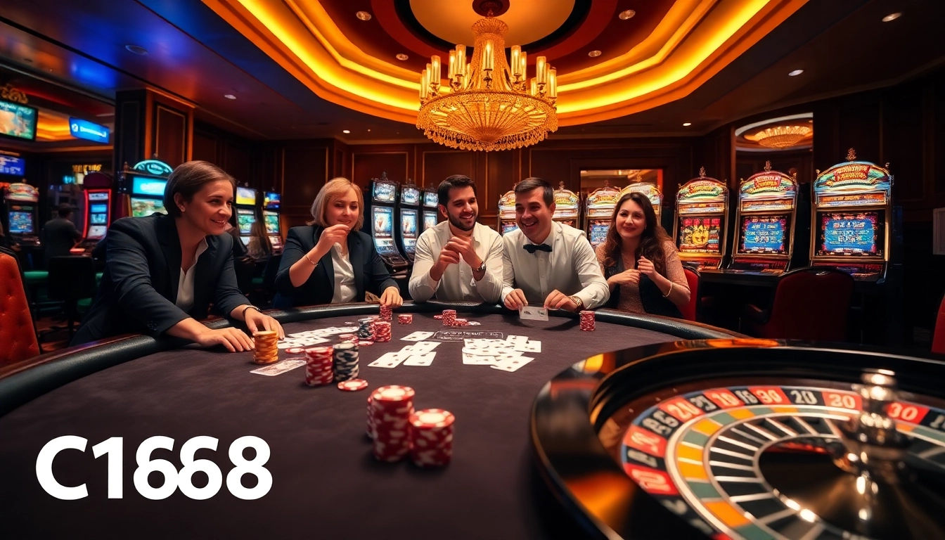 Engaged players at C168 casino, experiencing excitement at the poker table and roulette wheel.