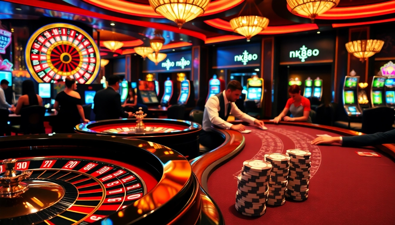 Players enjoying a high-stakes game at poker tables with nk88-themed chips and vibrant casino elements.