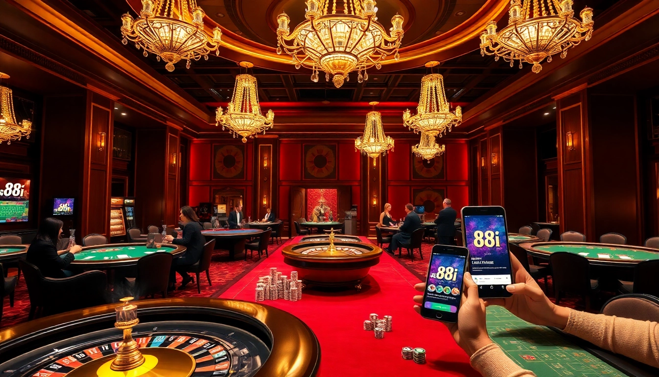 High-stakes gamblers experiencing the excitement of 88i casino games amidst luxury surroundings.