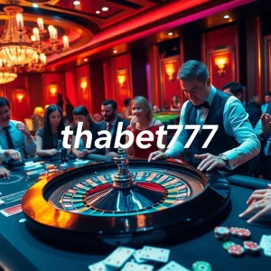 Players enjoying a lively roulette game at thabet77 casino with vibrant atmosphere and excitement.
