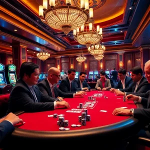 Engaging players in a high-stakes poker game at a luxurious casino, infused with okking excitement.